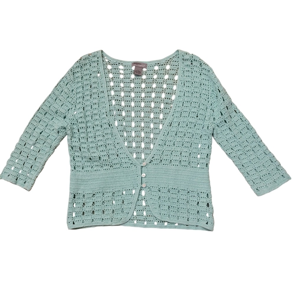 Designers Originals L Cardigan Aqua Blue Crochet Open Knit V Neck 90s Y2K Layer